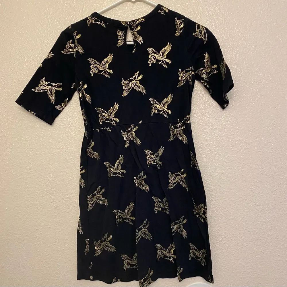 Old Navy Fit flare 3/4 long Sleeve Jersey basic Dress black gold Pegasus-L 10/12